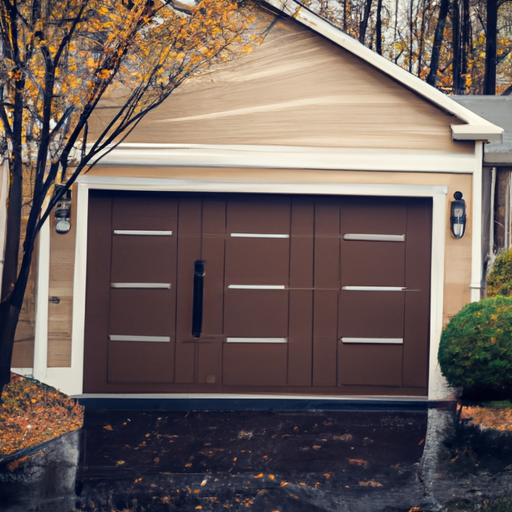 Suburban North Caldwell driveway with a modern closed paneled garage door and seasonal trees, editorial style.