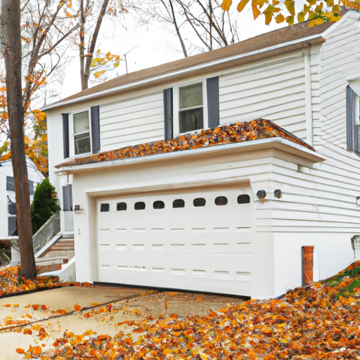 Suburban North Caldwell home exterior with closed garage door and autumn leaves on the driveway, overcast sky