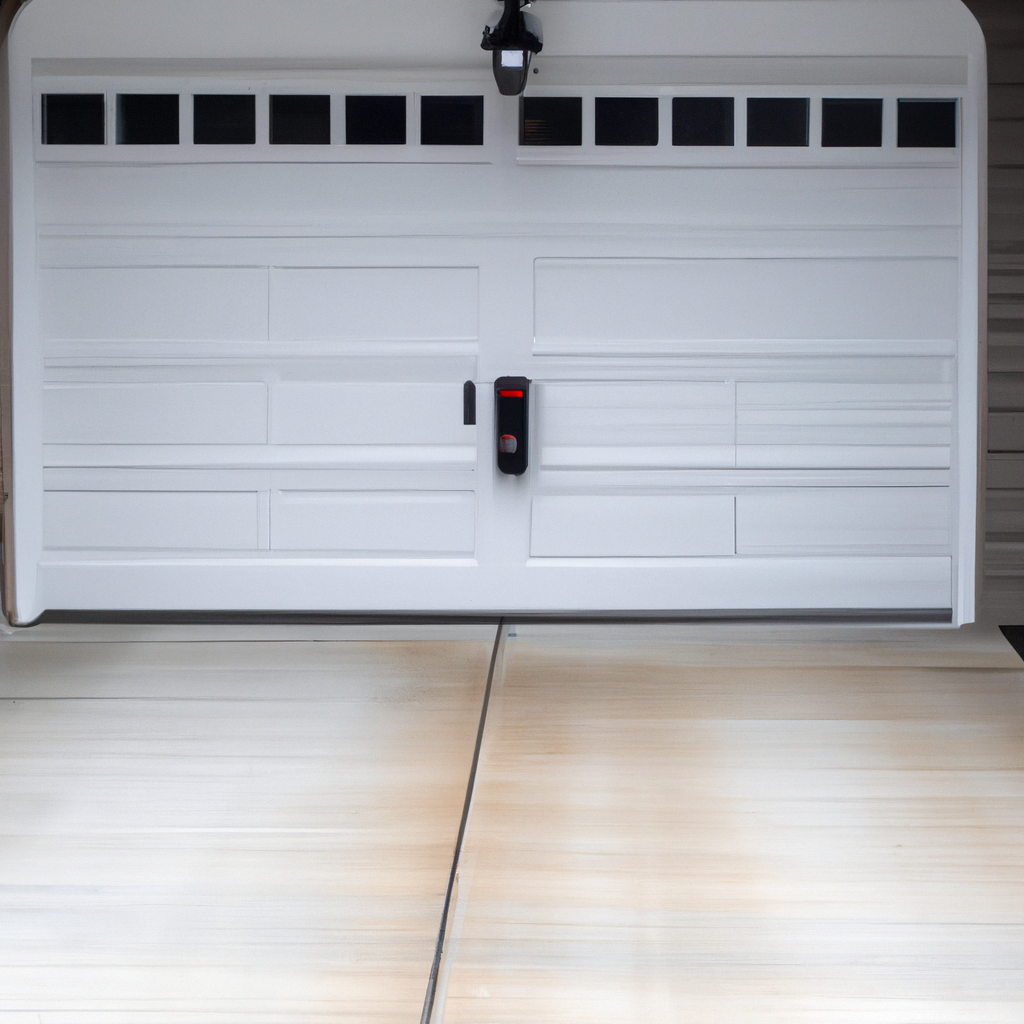 Multi-car garage door in a suburban North Caldwell, NJ neighborhood showing safety sensors and door panels